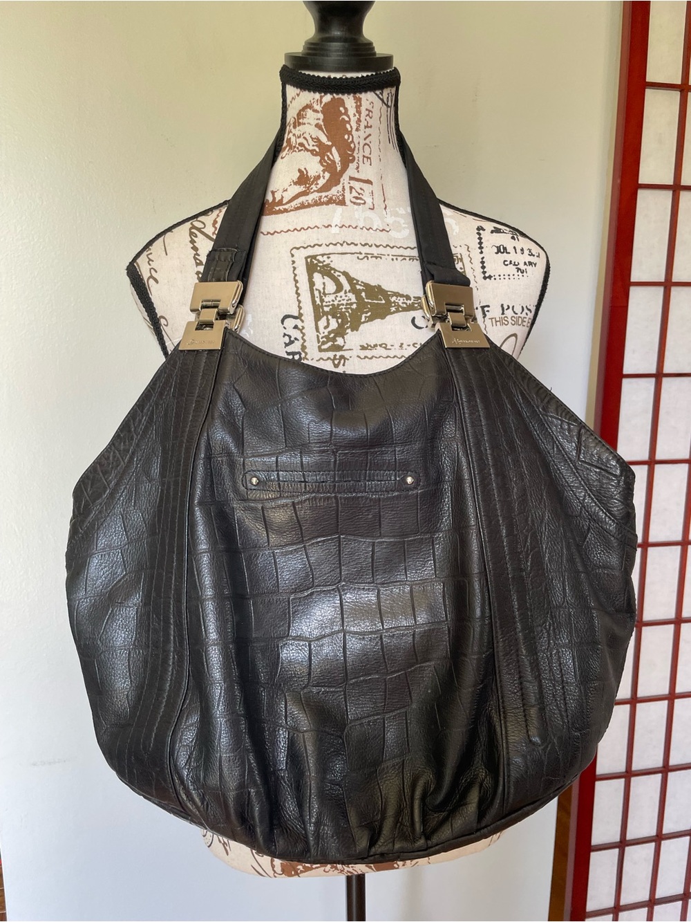 B. Makowsky Black Croc-Embossed Leather Hobo Bag - Picture 2 of 10